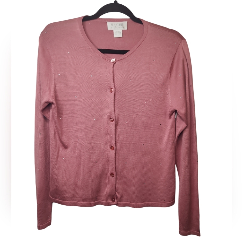 Silk Club Collection Women's Silk Pink Crystal Embellished Cardigan Size S